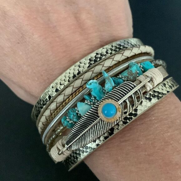 Western Boho Bracelet | Gold Layered Cuff with Faux Turquoise Stones & Feather - Picture 5 of 8